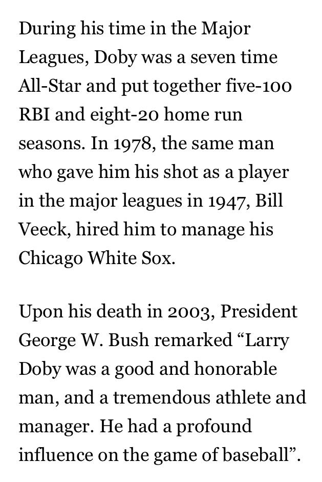 Most know Jackie Robinson was 1st to break  @MLB’s color barrier. Do you know the 2nd? Larry Doby.  @Indians slugger succeeded despite having to stay in separate hotels, eat separately on road, & face hostility from some of his teammates.  #BlackHistoryMonth    https://baseballhall.org/hall-of-famers/doby-larry