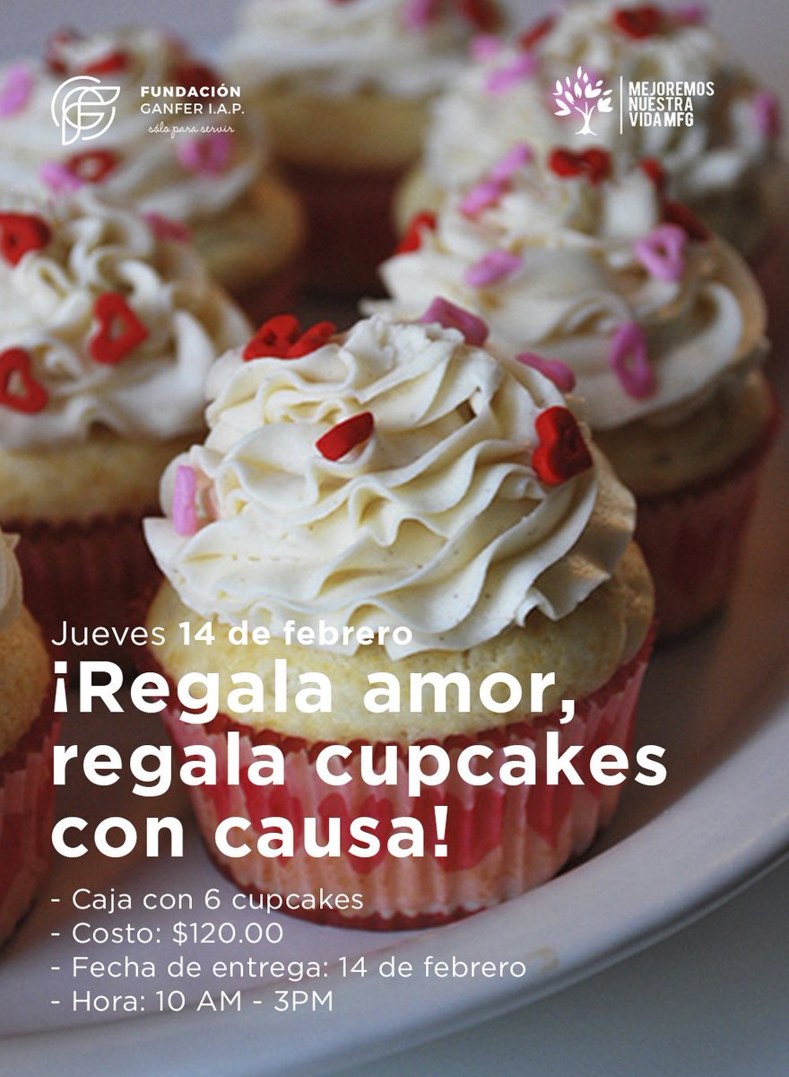 Apóyanos comprando cupcakes realizados por @MnvTalleres a beneficio del programa.

Haz tu pedidos aquí ----> bit.ly/QuieroCupcakes

· Caja con 6 cupcakes 
· Costo: $120.00
· Fecha de entrega: 14 de febrero
· Servicio a domicilio a partir de 3 cajas, costo servicio $25.00