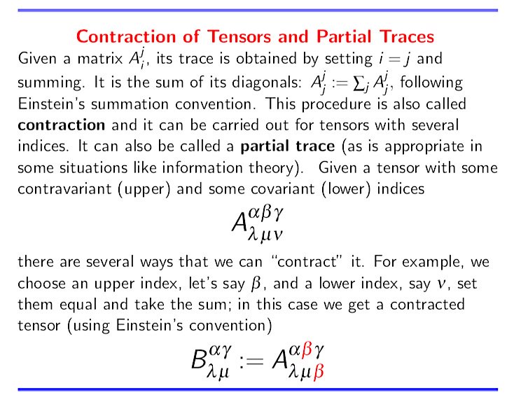 SamuelGWalters's tweet image. The notion of taking the trace of a matrix generalizes to that of taking contraction of #tensors or partial traces of density matrices of entangled systems as used in #quantum information theory. #math #physics #algebra