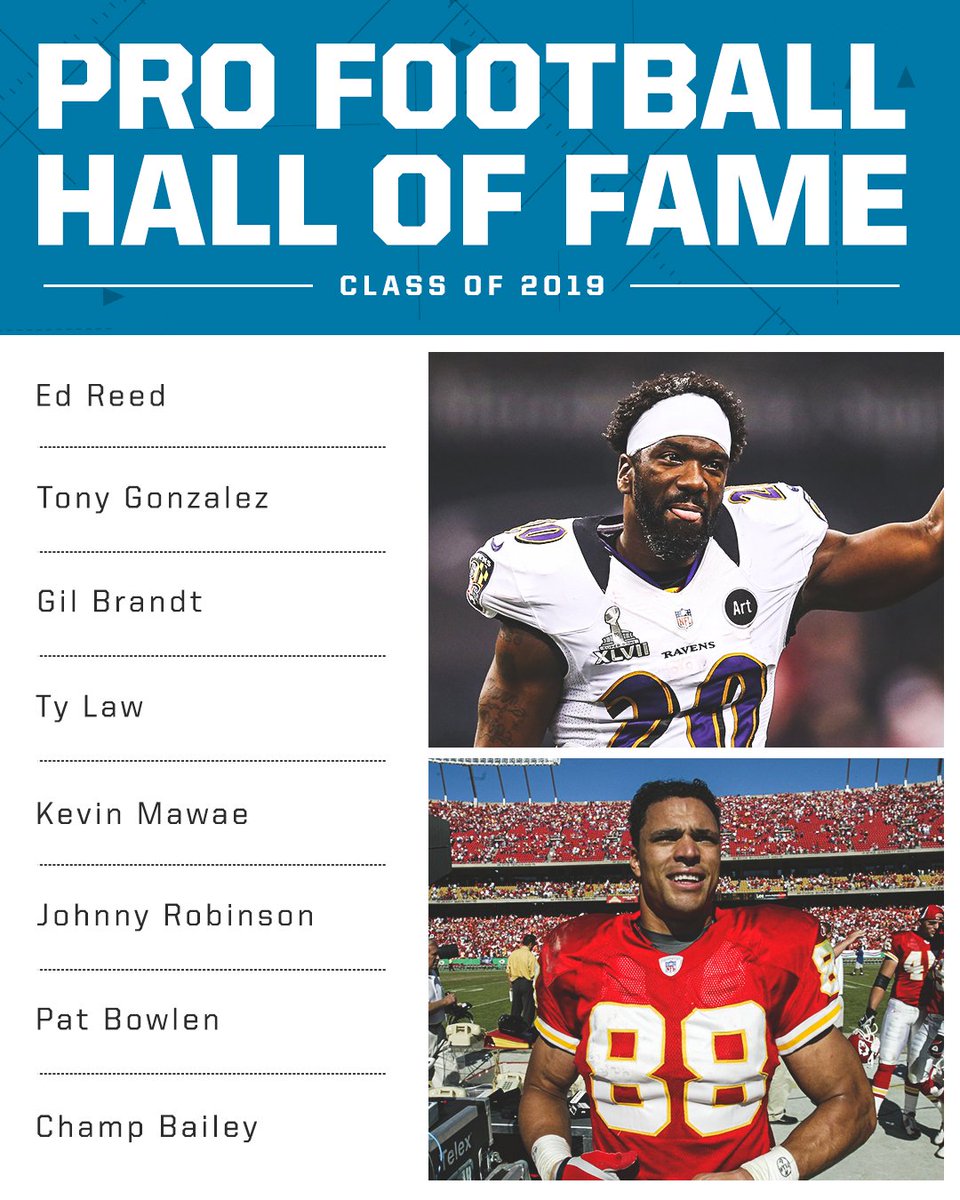espn's tweet image. The Pro Football Hall of Fame Class of 2019:

⭐: Ed Reed
⭐: Tony Gonzalez
⭐: Gil Brandt
⭐: Ty Law
⭐: Kevin Mawae
⭐: Johnny Robinson
⭐: Pat Bowlen
⭐: Champ Bailey