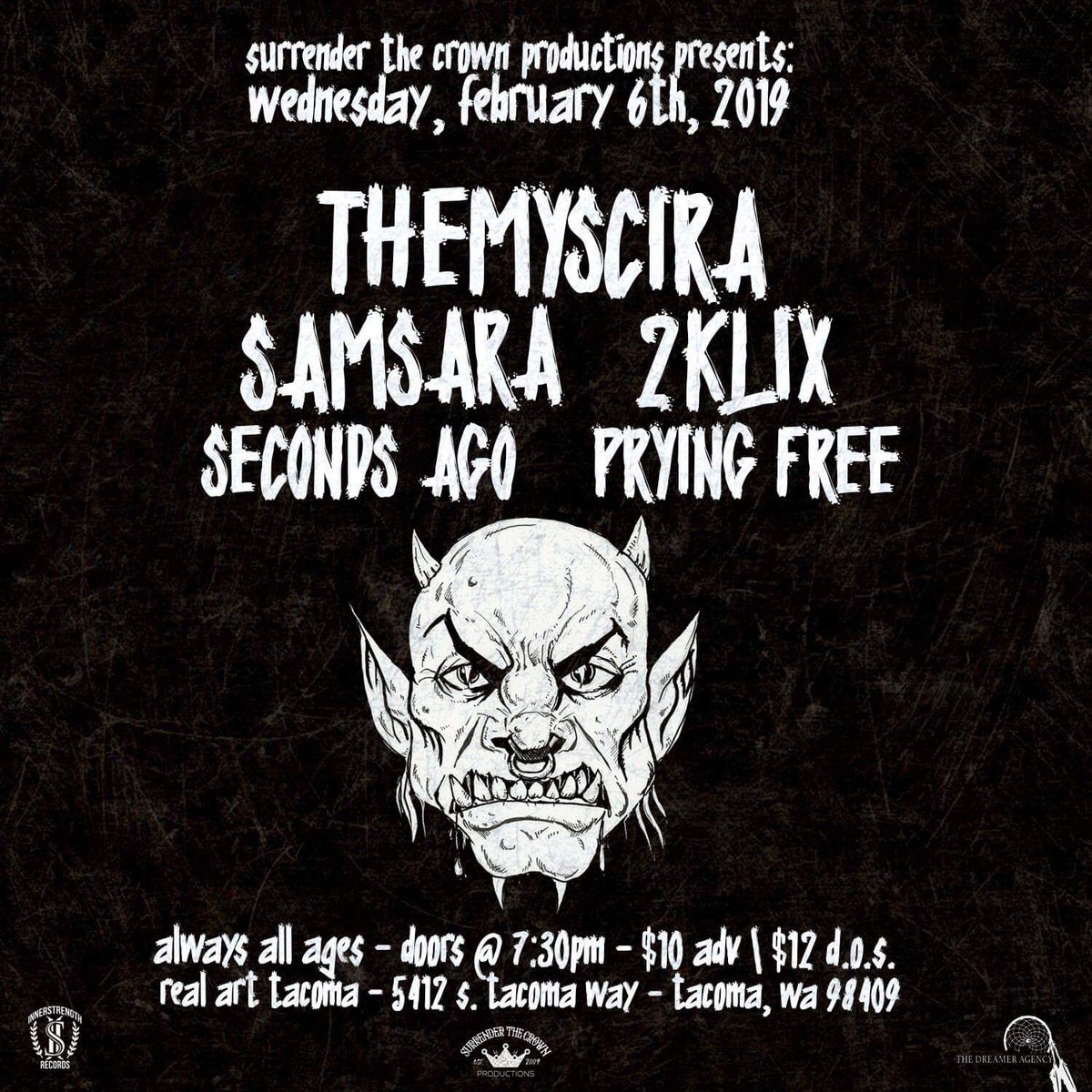 STCbookingnw's tweet photo. Wednesday Night at @RealArtTacoma ! @Themysciraband @WeAreSamsara #2Klix @SecondsAgoSD & #PryingFree!!! Doors @ 7:30pm - $10 ADV/$12 D.O.S!!! https://t.co/xGI1MbE90C