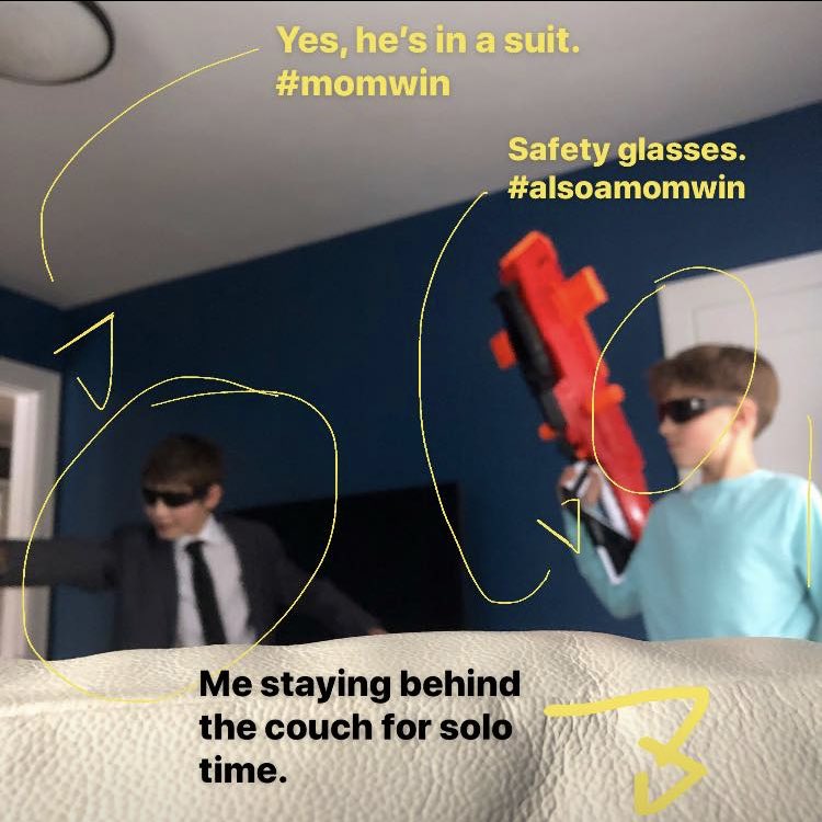 Chris_Guerette's tweet photo. That #momlife look (no makeup, 3 coffees, maybe 4, crazy hair, yoga pants) when you’re hiding in the small corner behind the couch for a game of hide & seek nerfgun style with your kids. Been here a solid 15min. Anyone else having those crazy fun winter days indoors? #yxewinter https://t.co/5oFBhOCq1n