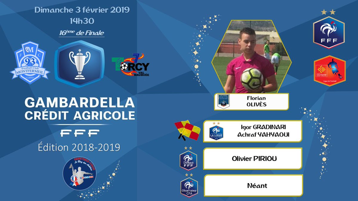 ArbitrezVous's tweet photo. #FFF #gambardella 
⚽️ | @FCMontfermeil 🆚 @us_torcy
📱 | #FCMUST
📆 | 3 février 2019
🕘 | 14h30
🏟️ | Complexe Sportif Éric Tabarly - MONTFERMEIL
😃 | Les arbitres de la rencontre
@ArbitresSAFE @FFF @footnational @LigueFootLFO @LPIFF75 @District93foot https://t.co/eXcDCjzfYe