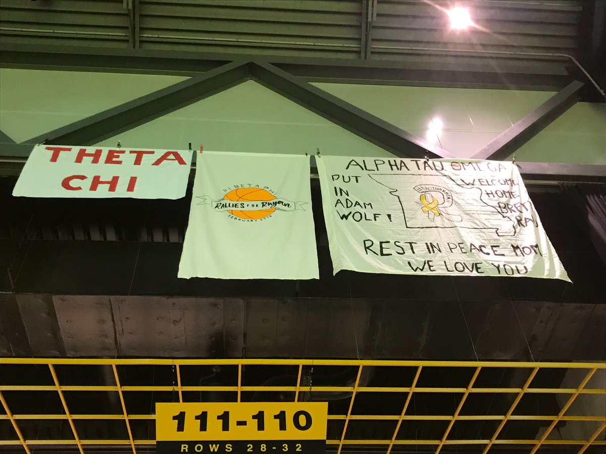 As always, great Greek support for <a href="/RallyforRhyan/">RallyforRhyan</a>! <a href="/mizzouato/">ATΩ Mizzou</a>, <a href="/MizzouPiPhi/">Mizzou Pi Beta Phi</a>, <a href="/ThetaChiMizzou/">Theta Chi Mizzou</a> with banners at Mizzou Arena! #ShowMe 🐯🏀💛