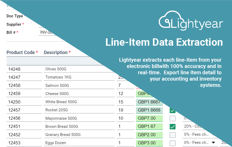 lightyearcloud's tweet image. Product based businesses often require line-item detail from invoices. Save up to 20 hours per week manually inputting this data with @lightyearco line-item extraction from bills.