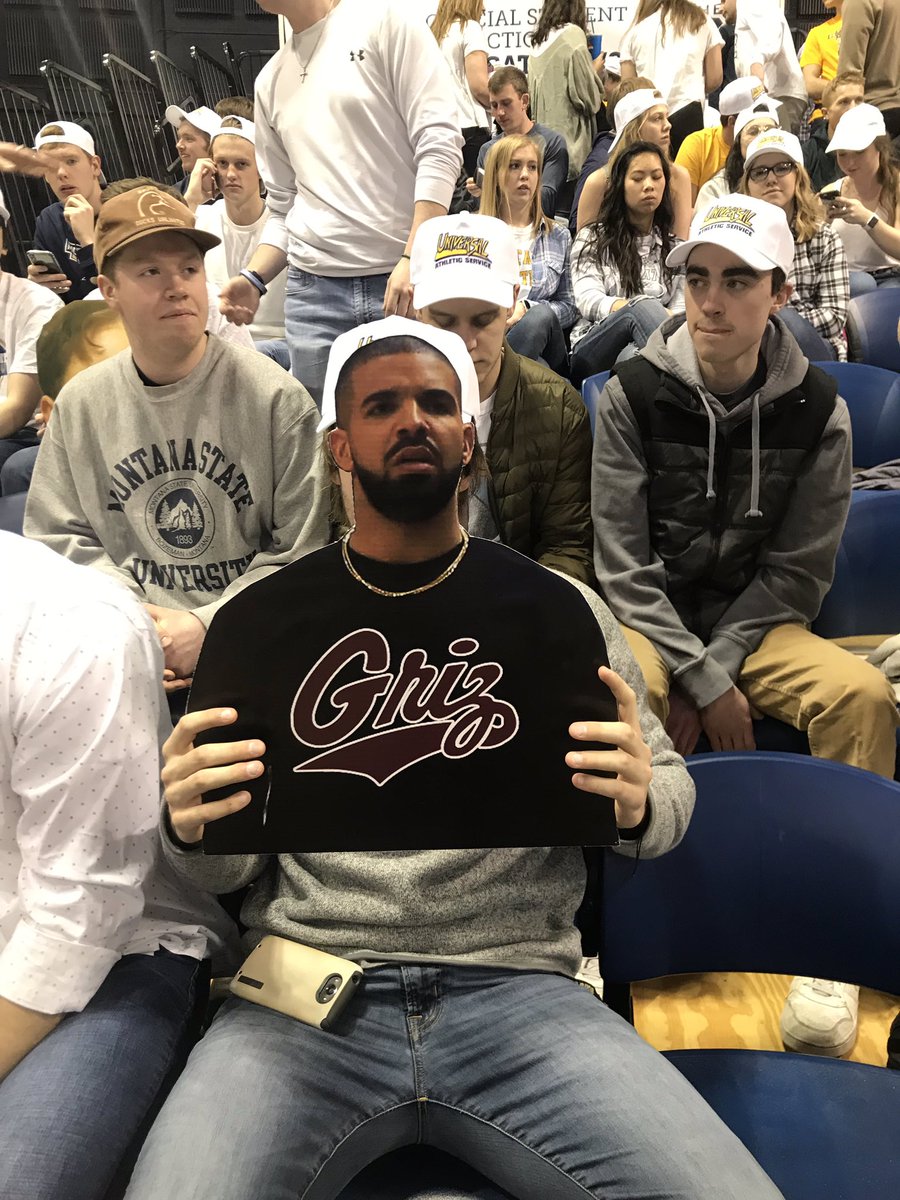 MSUBasketballSS's tweet photo. Drake is in the building, bad look for the Griz... #DrakeCurse #DefendTheBrick https://t.co/Hfm92YCX5e