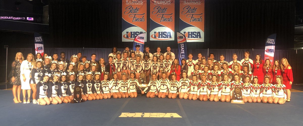 GrantCheer's tweet photo. Proud to share the podium with  state champs @B_NorthCheer and 2nd place @PSCougar_Cheer  
Congratulations to all the teams that competed today!! 
#IHSAStateFinals https://t.co/80eAuVr7Bl