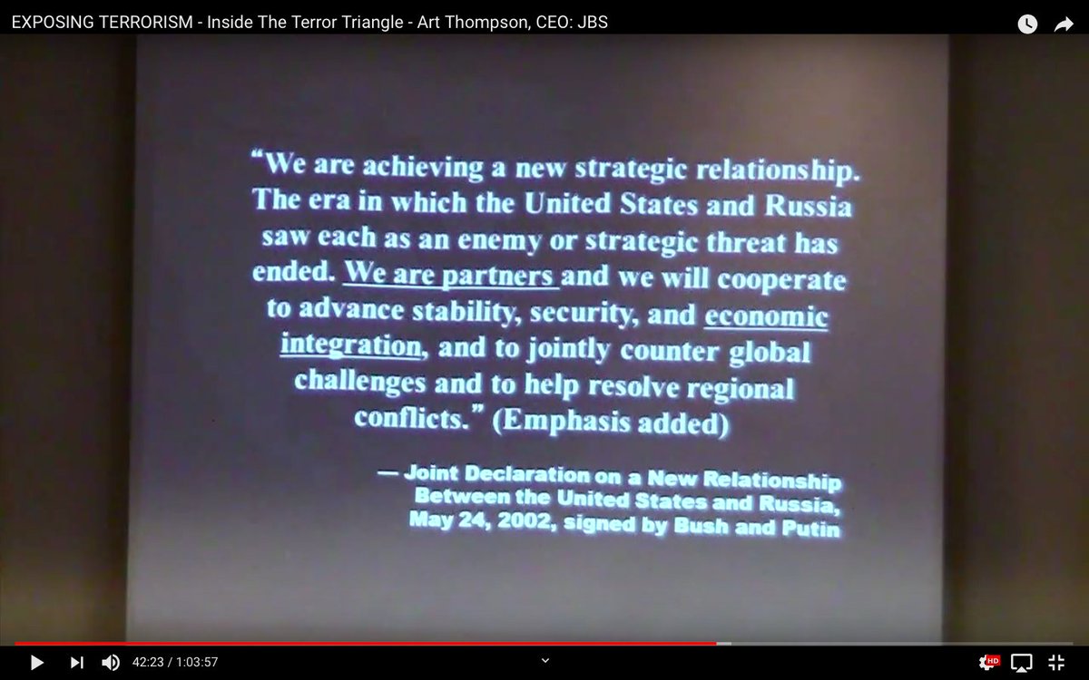 “Exposing Terrorism: Inside the Terror Triangle,”Fri 24 May 2002: Era which United States and Russia saw each other enemy or strategic threat has ended. We are partners and will cooperate to advance stability, security, and economic INTEGRATION, jointly counter global challenges
