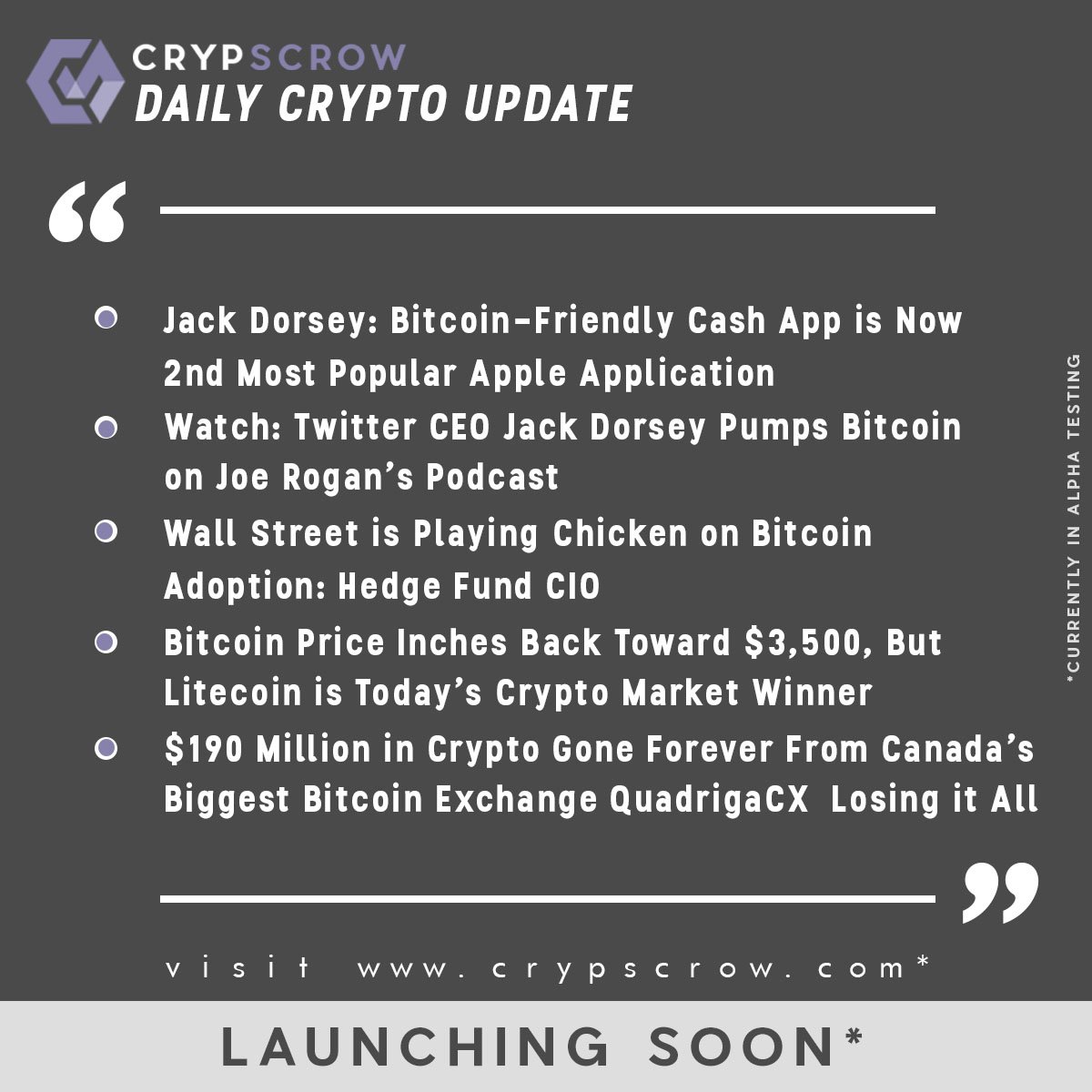 CrypScrow's tweet photo. #dailycryptoupdate #cryptonews #crypscrow #jackdorsey #bitcoinfriendly #cashapp #apple #twitter #ceo #joerogan #podcast #wallstreet #chicken #bitcoin #adoption #hedgefund #cio #litecoin #marketwinner #quadrigacx #lostforever #canada #$190million #cryptoassets https://t.co/xCRlUuc3pj