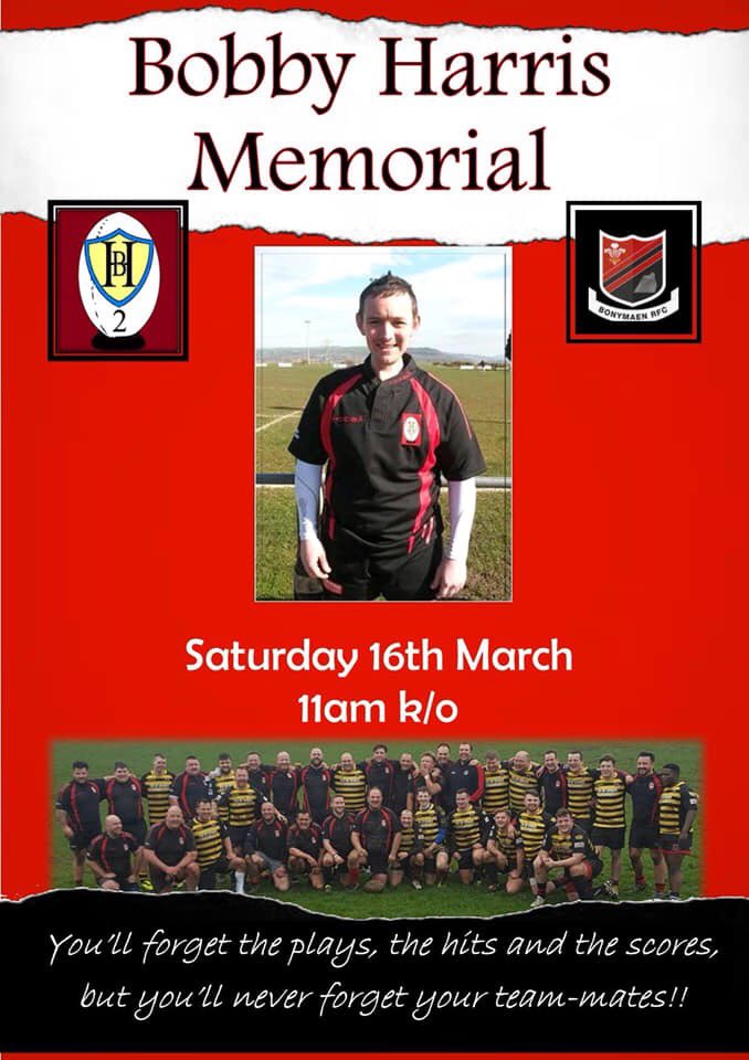 16th March (Six Nations ‘Super Saturday’)

Bobby Harris memorial. Please contact Dai Allen or message this page if you’re interested in playing. 

A great man. 

🏉🔴⚫️