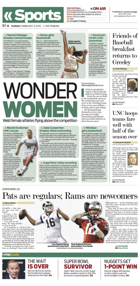 gtribsports's tweet photo. FRONT PAGE: 7 women in Weld County sports flying above the competition. The Friends of Baseball breakfast returns to Greeley. UNC hoops in the hot seat midway through the season. Plus, a deep dive into the #SuperBowl. https://t.co/yq9nrXviGd