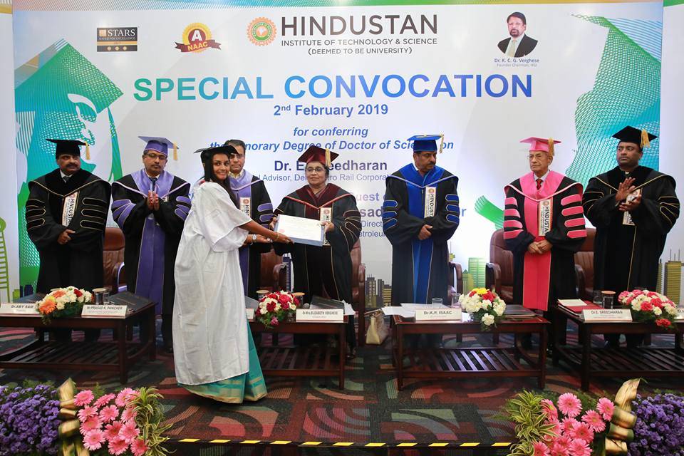 HindustanUni's tweet photo. #SpecialConvocation of Hindustan Institute of Technology and Science (HITS) for Conferment of Degree of Doctor of Science (Honoris Causa) to Dr. E. Sreedharan, Principal Advisor, Delhi Metro Rail Corporation (DMRC) was held on 2 February 2019. #HITS https://t.co/jQReBOr3wU