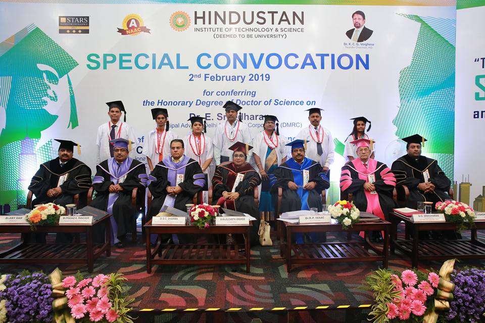 HindustanUni's tweet photo. #SpecialConvocation of Hindustan Institute of Technology and Science (HITS) for Conferment of Degree of Doctor of Science (Honoris Causa) to Dr. E. Sreedharan, Principal Advisor, Delhi Metro Rail Corporation (DMRC) was held on 2 February 2019. #HITS https://t.co/jQReBOr3wU