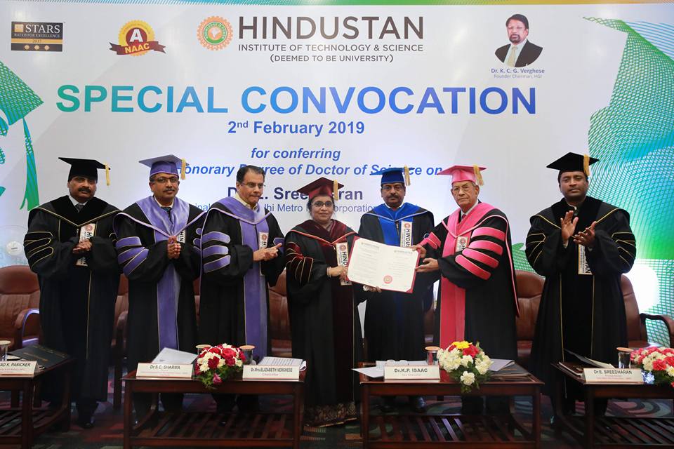 HindustanUni's tweet photo. #SpecialConvocation of Hindustan Institute of Technology and Science (HITS) for Conferment of Degree of Doctor of Science (Honoris Causa) to Dr. E. Sreedharan, Principal Advisor, Delhi Metro Rail Corporation (DMRC) was held on 2 February 2019. #HITS https://t.co/jQReBOr3wU
