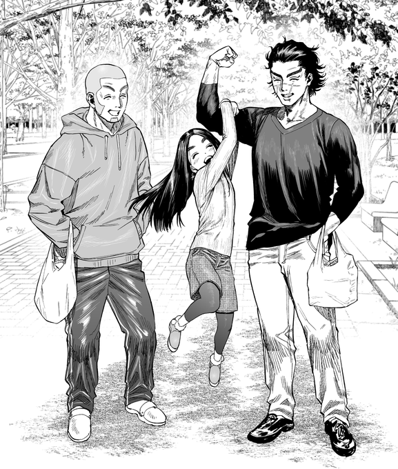 これはずいぶん暖かい日として描いてしまった「豆と恵方巻を買った帰りに遊んで帰る3人」です 