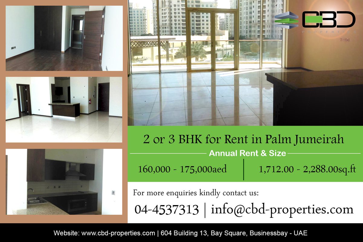 Live with a Luxury Place

2,3 BHK for Rent in Palm Jumeirah

Starting Price: 160,000-175,000aed
Unit Size: 1,712.00 - 2,288.00sq.ft

For more enquiries kindly contact us:
04-4537313 | info@cbd-properties.com

and you can also check our list of properties.
cbd-properties.com