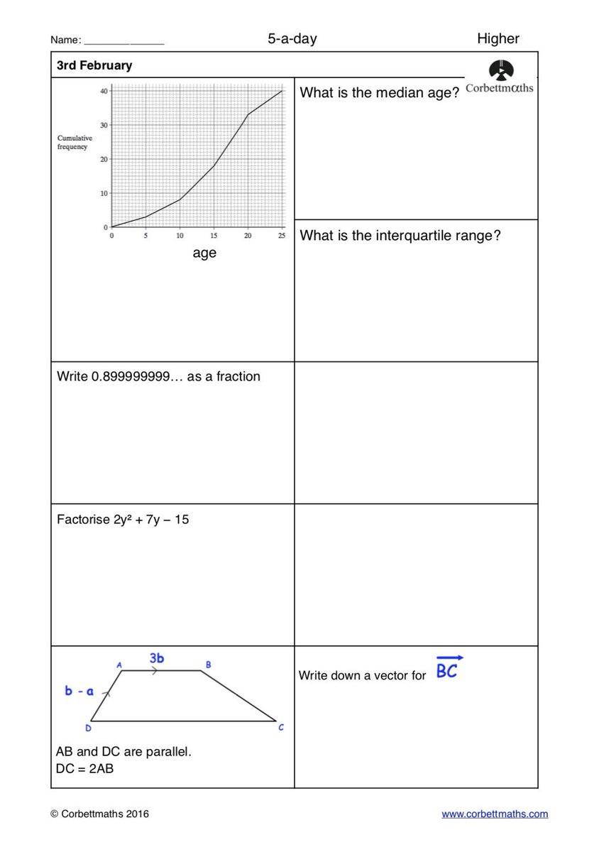 Corbettmaths's tweet photo. Studying for Higher GCSE Maths? Try today's Foundation Plus, Higher &amp; challenging Higher Plus #maths5aday answers: https://t.co/n50J7KPaez https://t.co/Sz5YntGLSQ