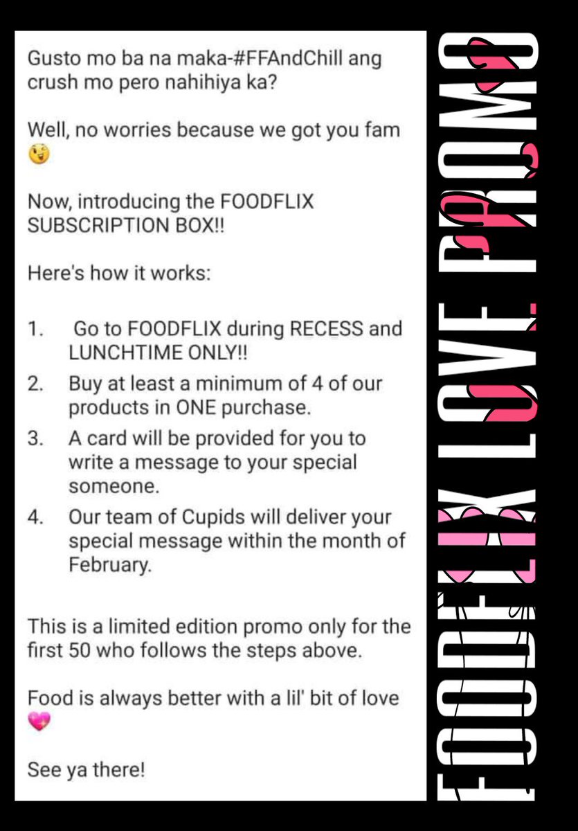 streynge_9428's tweet photo. Gusto mo ba maka-#FFandChill ang crush mo pero nahihiya ka?

No worries 'cos we got you fam 😉

Introducing the FOODFLIX SUBSCRIPTION BOX!!

Read below for the promo!!

Food is always better with a lil' bit of love 💖

#FFandChill
#FFLovePromo
#OnlyInFoodflix https://t.co/z0QZi97x3e