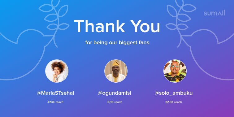 Amaka_Ekwo's tweet photo. Our biggest fans this week: @MariaSTsehai, @ogundamisi, @solo_ambuku. Thank you! via https://t.co/YsZGCmxxAK https://t.co/0IXLQfEnam
