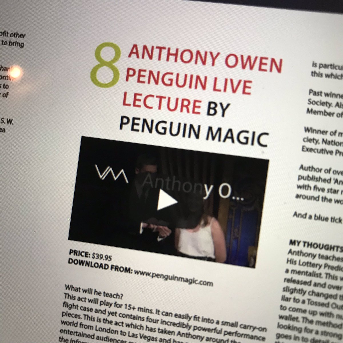 TVMagic's tweet image. ⭐️⭐️⭐️⭐️⭐️ review for @anthonyowenmagi ‘s Penguin Live Lecture in latest issue of @VANISHMAG . You can download the lecture now from penguinmagic.com