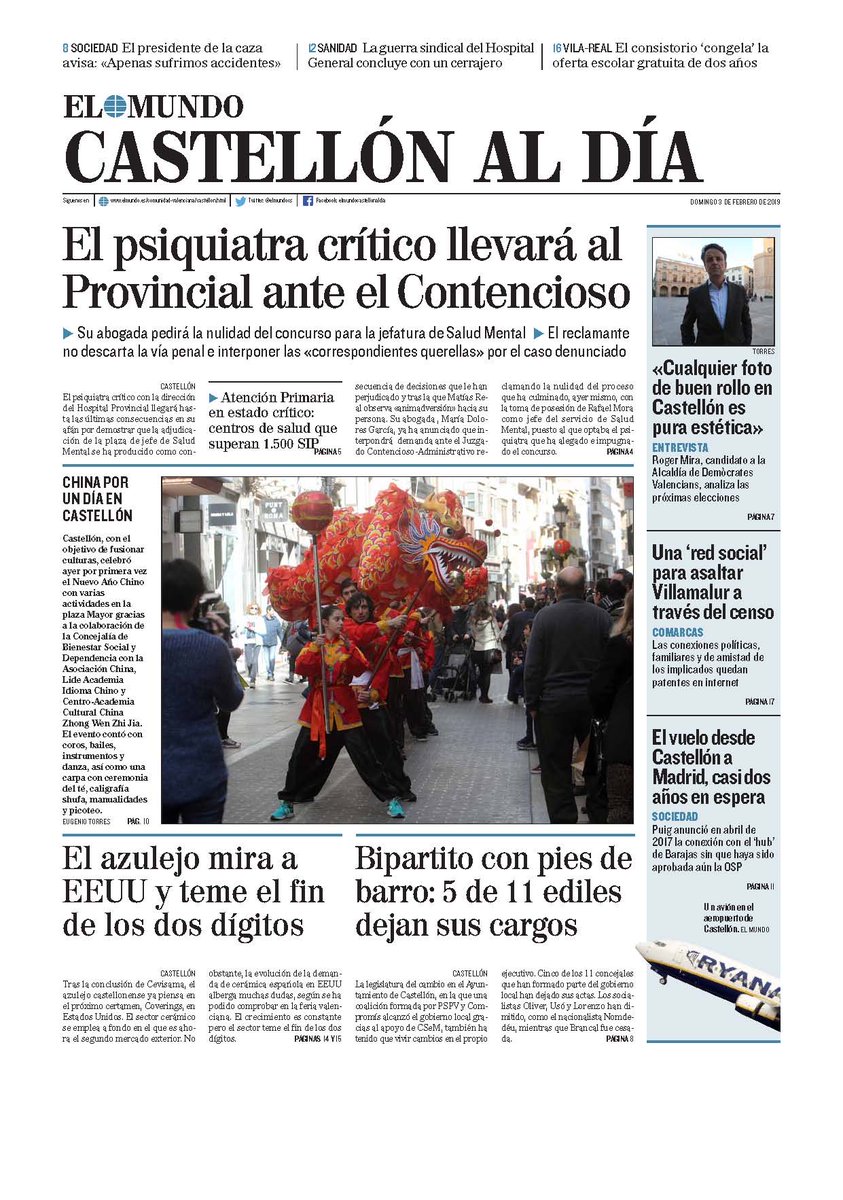 ximogorriz's tweet photo. Hoy domingo 3 en las #portadasdeCastellón, #cáncer @aecc_es @chpcastellon #Brexit #tecnología #AñoNuevoChino #Asociex #cítricos @AmparoMarcoGual @tonilorenzo #médicos #vientos #Cevisama19 @ASCER_comunica @rogermiraDV #Villamalur @CDT_LECH_Edeis @AVEmpresarios #árboles #textil y + https://t.co/8SWtnQAOZ1