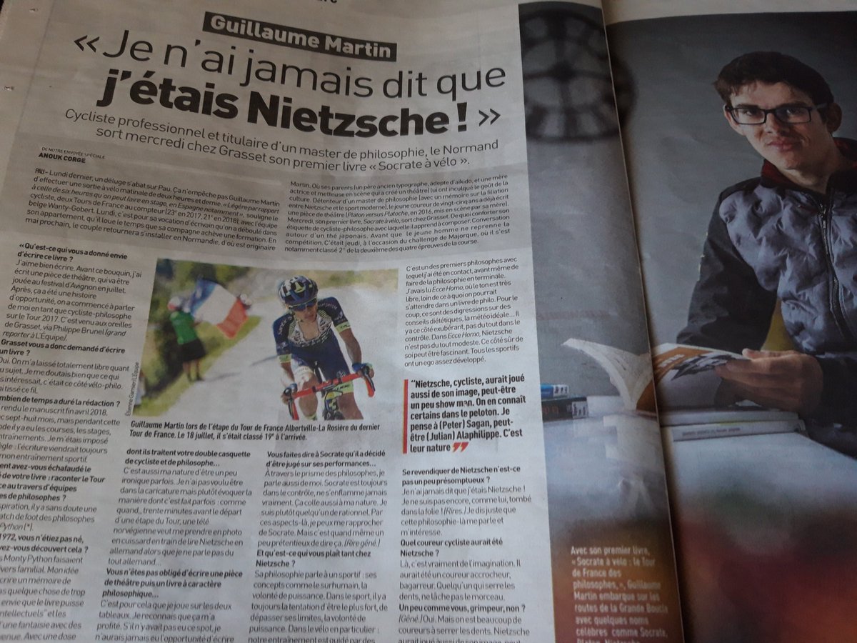 yjaegle's tweet photo. "Je n'ai jamais dit que j'étais Nietzsche".
Super interview d'un cycliste qui a fait le tour de France et aussi le tour de la philosophie. Guillaume Martin, "vélosophe". Par @Anouknouk @lequipe https://t.co/4xkHUS4au8