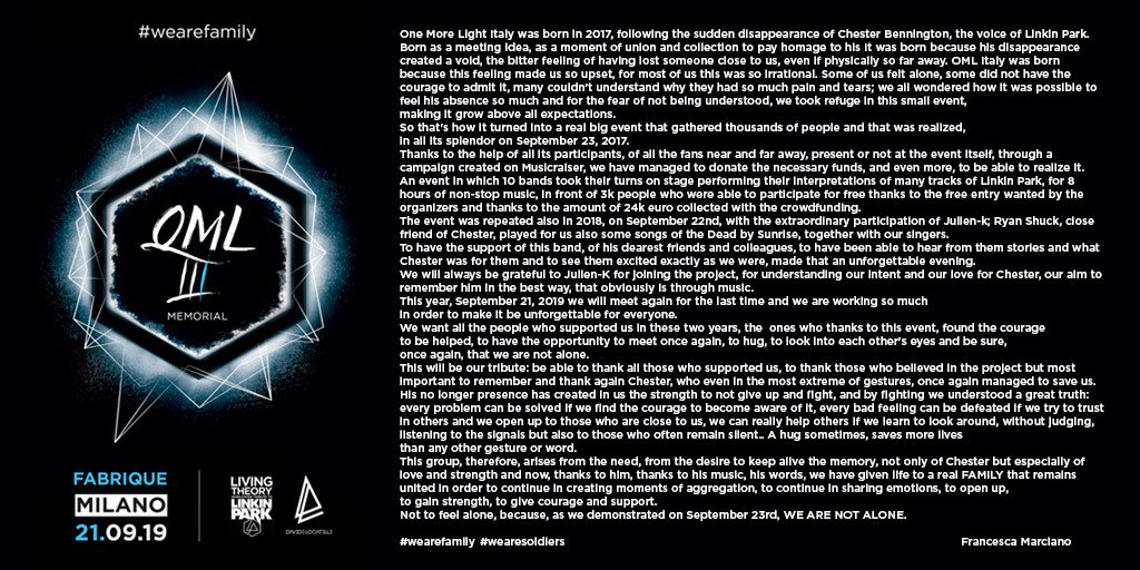 more_italy's tweet photo. DO YOU WANT TO KNOW WHEN ONE MORE LIGHT IS STARTING? HERE'S WHAT WE HAVE DONE IN THESE YEARS FOR CHESTER'S MEMORY 🙏❤❤

#MakeChesterProud 
#fuckdepression https://t.co/chjwIOv9sa