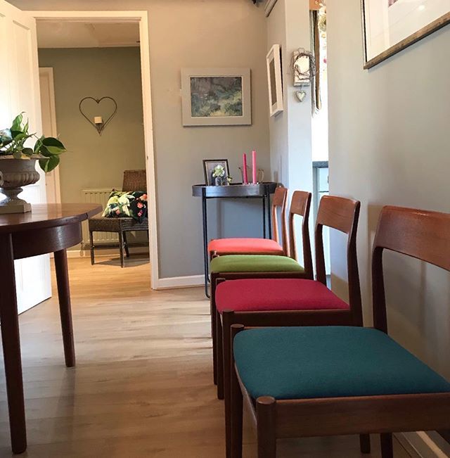 Adding colour using <a href="/linwood_fabric/">Linwood Fabrics & Wallpapers</a> #lars #wool #fabric to re-cover <a href="/gplandesign/">G Plan Design</a> dining room chairs using colour inspiration from @sophierobinsoninteriors A little out of my comfort zone but why not they make me smile #designideas #colour #diningroom #ju… bit.ly/2GkVZ6f