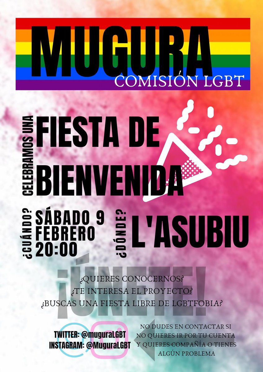 MuguraLGBT's tweet photo. 🌈 ¡Notición desde Mugura!🌈
Para quien no nos conozca somos la primera comisión LGBT estudiantil de Cantabria. 
Para conocernos un poco mejor y crear un espacio seguro para las personas del colectivo hemos organizado una fiesta de bienvenida el día 8 de Febrero en @l_asubiu https://t.co/X5U9GyruyZ