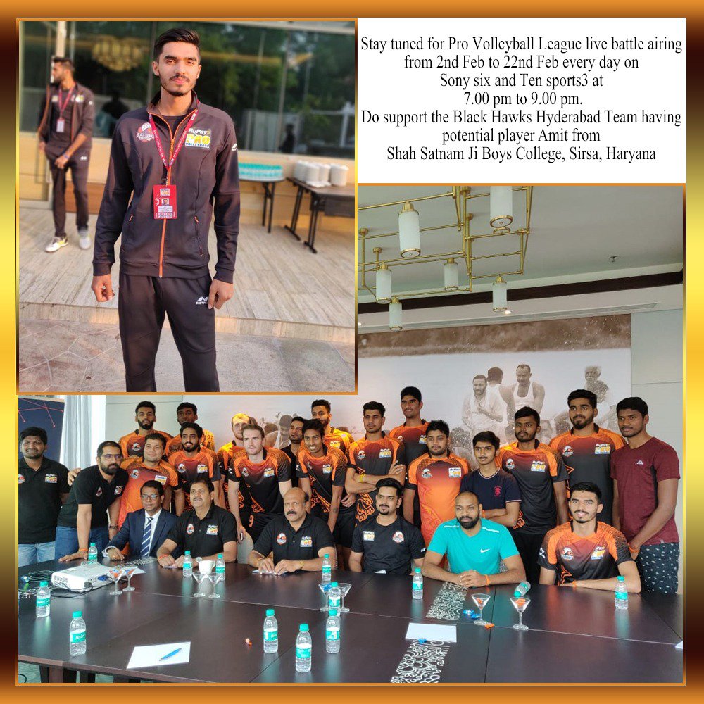 insanshobha's tweet photo. Congratulations to Amit, a student of Shah Satnam Ji Institutions, Sirsa for playing in the Pro volleyball League(2nd-22nd feb), for Black Hawks Hyderabad. May @Gurmeetramrahim Ji bless you with his grace and you continue to make us all proud. https://t.co/ZEQvBejt2I