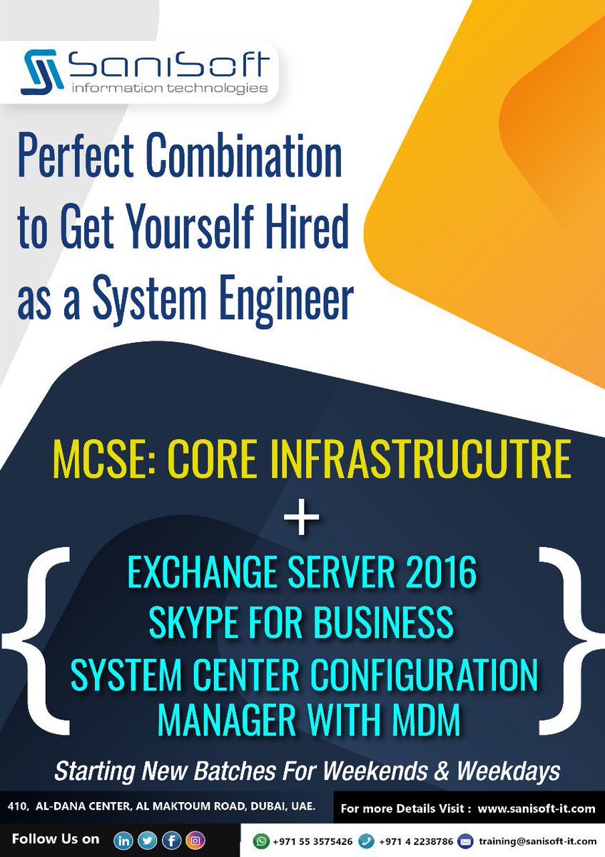 Perfect Combination to Get Yourself Hired
as a #SystemEngineer #MCSE #COREINFRASTRUCTURE #EXCHANGESERVER2016 #SKYPEFORBUSINESS #SYSTEMCENTERCONFIGURATIONMANAGERWITHMDM #MICROSOFT #CERTIFICATION