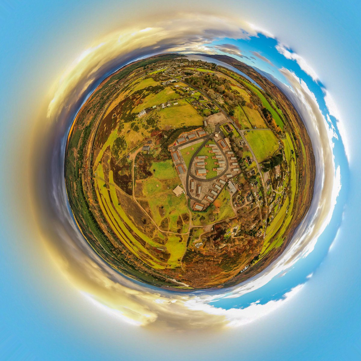 An aerial view of <a href="/LochNessRetreat/">Loch Ness Retreat</a> as you don't normally see it! #tinyplanet #aerial #golf <a href="/FortAugustus/">Krzysztof</a> #lodges #holidayhomes