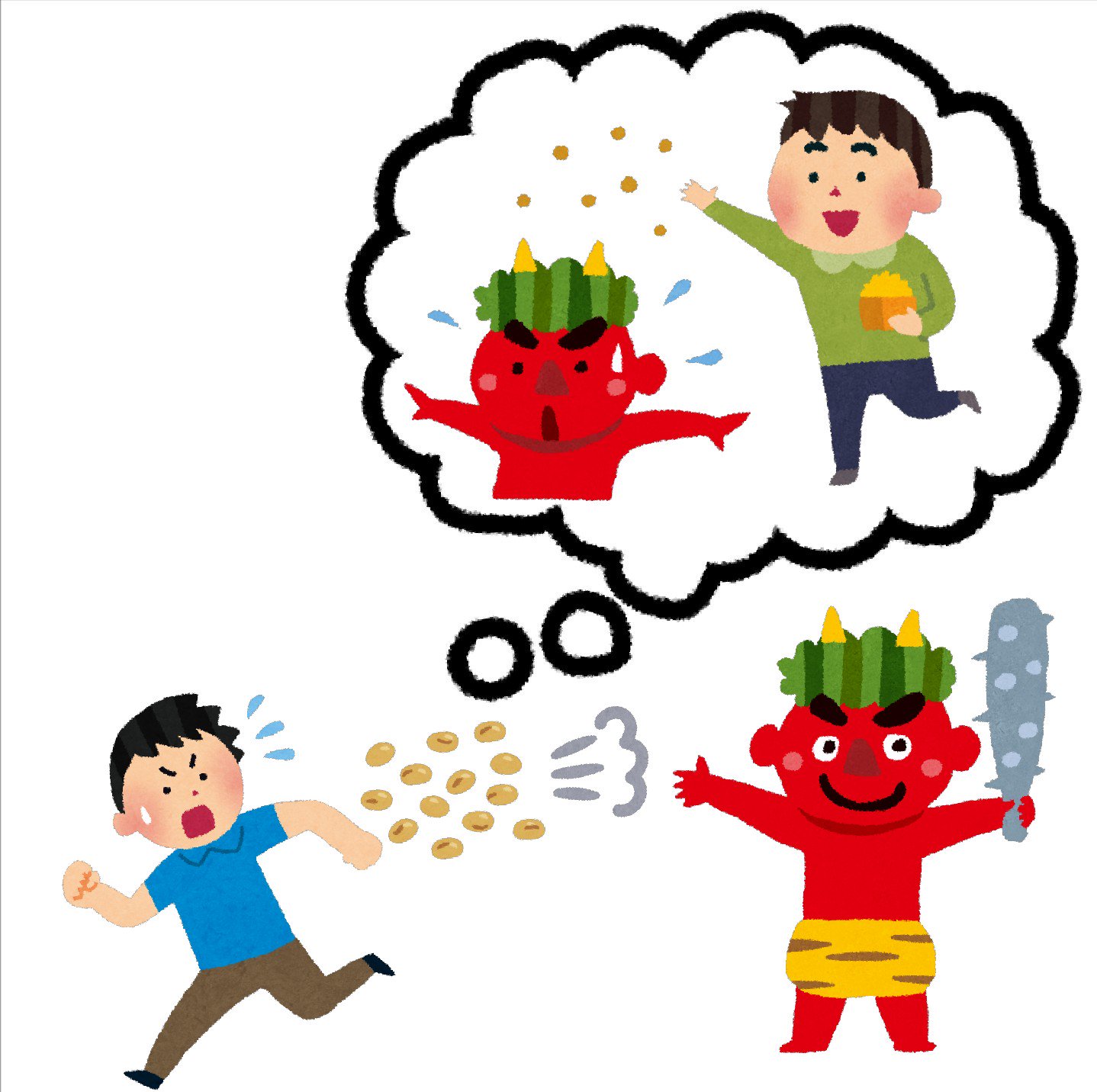 まいチクをいらすとやで再現 Dayukoume 再現難易度 使ったイラスト 6枚 ふきだしのイラスト 豆まきのイラスト 節分 赤鬼のイラスト 鬼と金棒 大豆のイラスト 漫符のイラスト 怒った湯気 逃げている男性のイラスト まいにちチクショー T