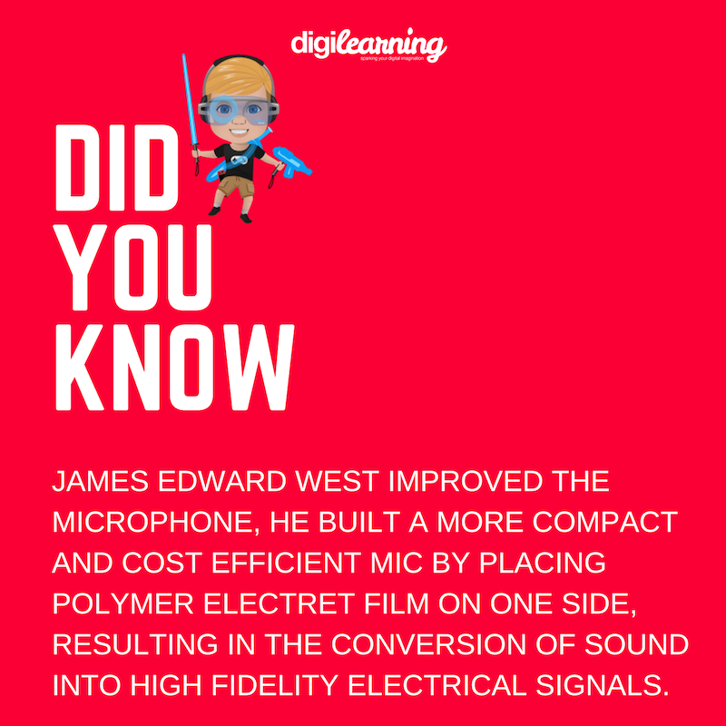 digilearningHQ's tweet photo. Did you Know...
James Edward West improved the #microphone. He built a more #compact and cost efficient #mic by placing #polymer #electret film on one side. Resulting in the conversion of #sound into #high #fidelity #electrical #signals.
#Digilearning #dropthemic #GlobalGoals https://t.co/A7YoMwujXn