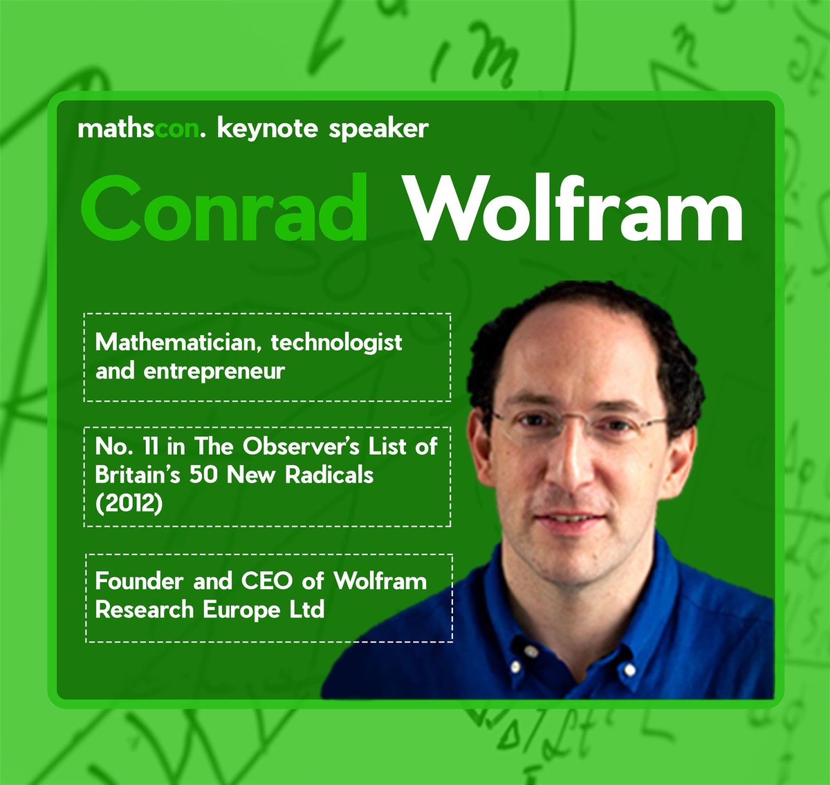 themathscon's tweet photo. Introducing our third and final keynote speaker: Conrad Wolfram! 

We're very excited to welcome Conrad back to Mathscon to hear him talk about 'Fixing Education in the AI Age!' - get your tickets fast!

#mathscon https://t.co/YSorvNF6uo