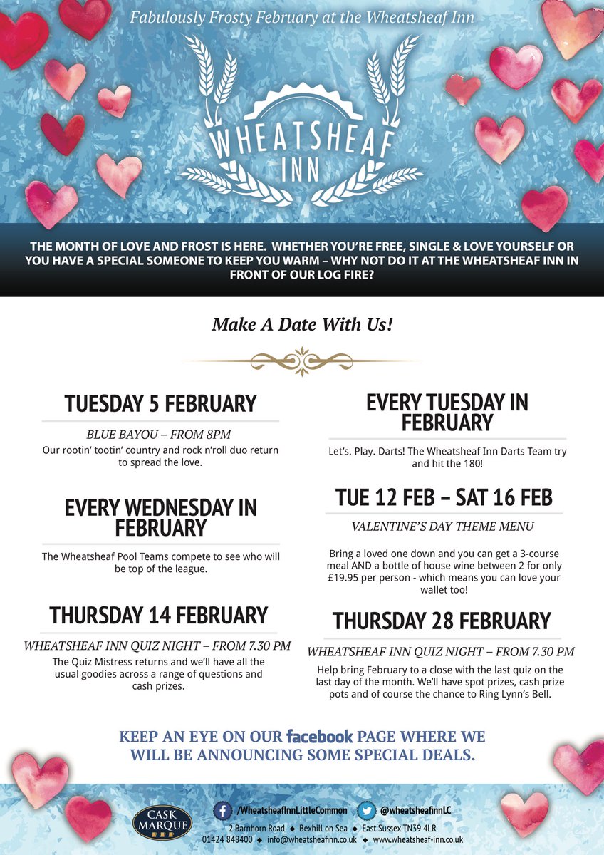 wheatsheafinnLC's tweet photo. Happy Sunday one and all. Time to relax and take a look at what’s happening at The Wheatsheaf this month of 💗. Check out our Valentine’s menu and our usual live music and quiz fun. ❤️❤️❤️❤️ https://t.co/sRNZCwDp1h