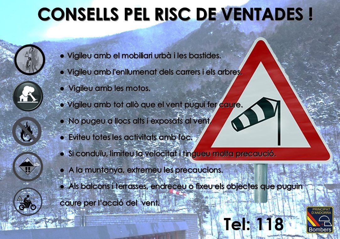 ⚠️ fort vent!
  ● Vigileu amb el mobiliari urbà i les bastides.  
  ● No pugeu a llocs alts i exposats al vent.
  ● Si conduïu, limiteu la velocitat i molta precaució. 
  ● Als balcons i terrasses, fixeu els objectes que puguin caure pel  vent.