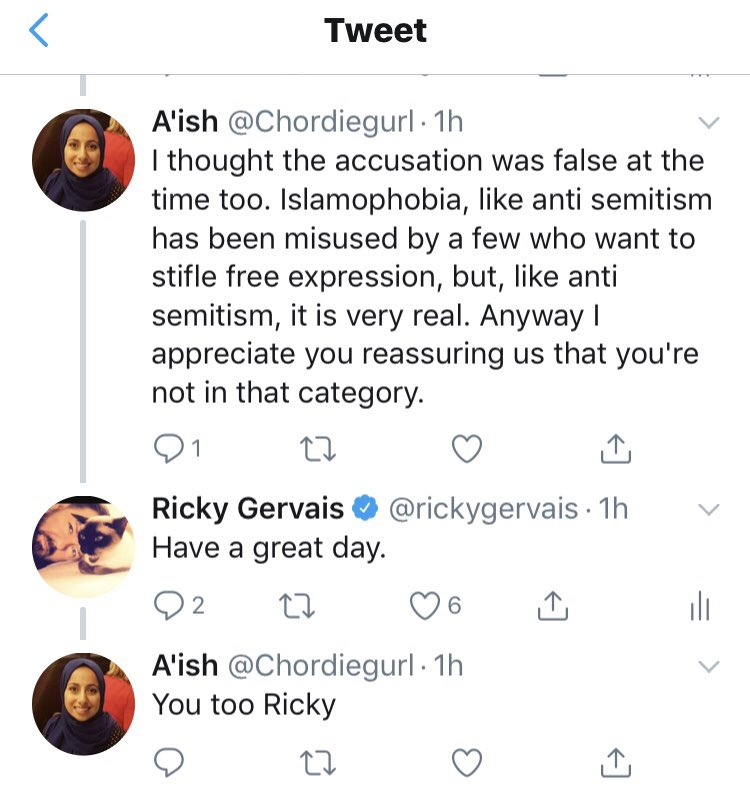 Ricky Gervais Pa Twitter How Even The Most Contentious Sensitive Issues Can Be Discussed When People Actually Listen To Each Other T Co Axfst5xydr