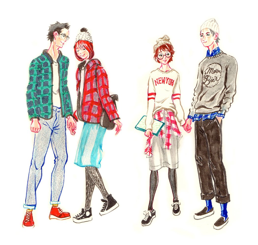ট ইট র つきよみ 絵師見習い スケッチ カップルコーデ 冬カジュアル ファッション ファッションイラスト ニットキャップ フリースジャケット コンバース トレーナー チェック カップル T Co Ind0vy4ehl