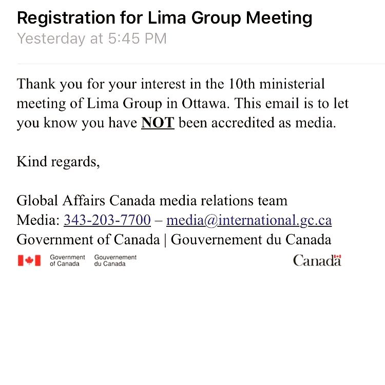 Canadian government denies accreditation to <a href="/teleSURtv/">teleSUR TV</a> for the upcoming Lima Group meeting on Venezuela. Not sure if the irony escapes them