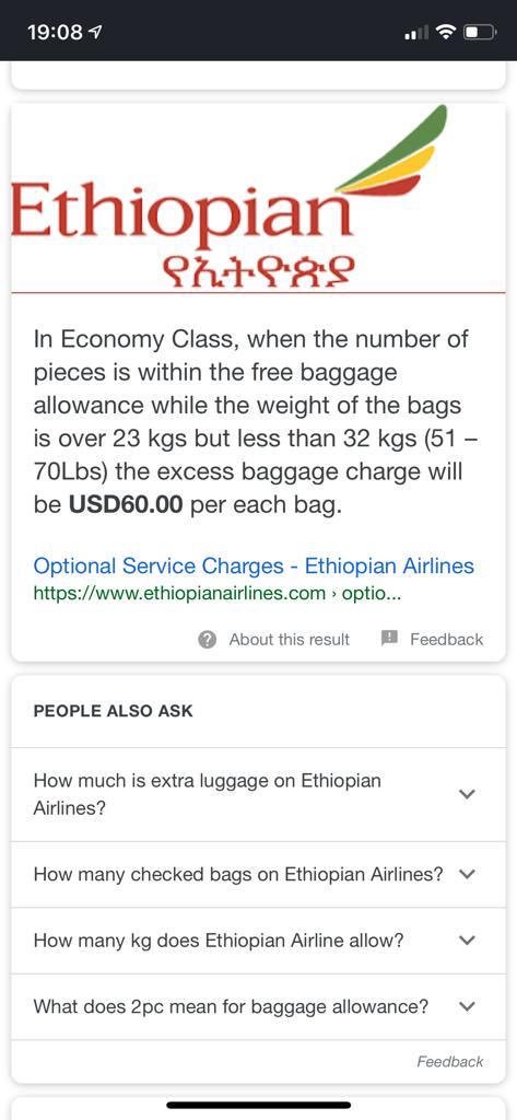 KirkSmithSA's tweet photo. @flyethiopian Thank you. If I have 3 bags under 23kg in economy is the charge $60 per bag? Flying from Madrid to Johannesburg? https://t.co/muODgSBxnL