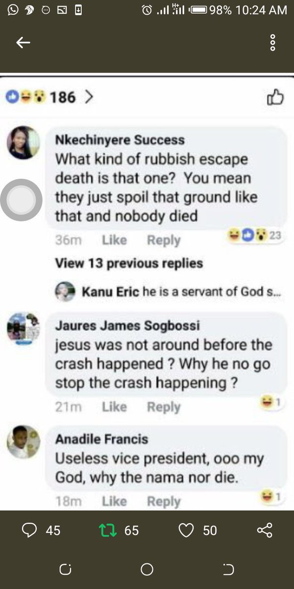 dmightyangel's tweet photo. 98.8% of those disappointed that Oshinbajo &amp; his team were preserved in that crash are from the South East.
These people go to Church, but the #GallOfBitterness is too deep in their hearts..
Buhari escaped death, you guys insisted he died indeed..
Osinbajo escaped, you are BITTER https://t.co/TqVf87vJTp