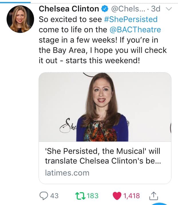 ChrisLaPuma's tweet photo. Congratulations to #AdamTobin and #DeborahWicksLaPuma on their moving and entertaining new TYA musical SHE PERSISTED. Their powerful anthem โWalk Onโ had the kids riveted and many adults in the audience uncontrollably weeping at the end. This show will change lives. @BACTheatre https://t.co/ycmaJkQkp0