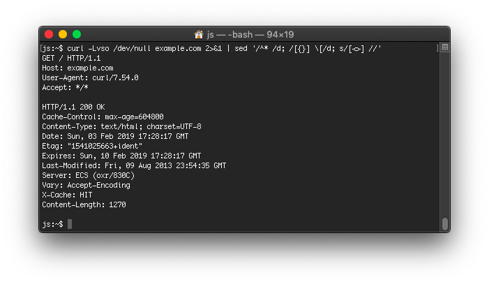 JaneScott's tweet image. 🗣️ Oneliner Headers Grab!

Use this nifty command to output the request &amp;amp; response headers of a site/resource *neatly* (without curl&apos;s usual clutter):

curl -Lvso /dev/null example​.com 2&amp;gt;&amp;amp;1 | sed &apos;/^* /d; /[{}] \[/d; s/[&amp;lt;&amp;gt;] //&apos;

#oneliner #requestheaders #responseheaders #curl
