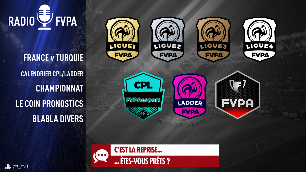 [FR-PS4]  Le menu de l'émission de ce dimanche (23h)

On fera le débrief match EDF, dévoilera le calendrier CPL + Ladder. 
On discutera aussi de la 1ère semaine de compet, les matchs à suivre en #L1FVPA L2 L3 L4.
Une bonne petite émission avant la reprise. On vous attend 😀