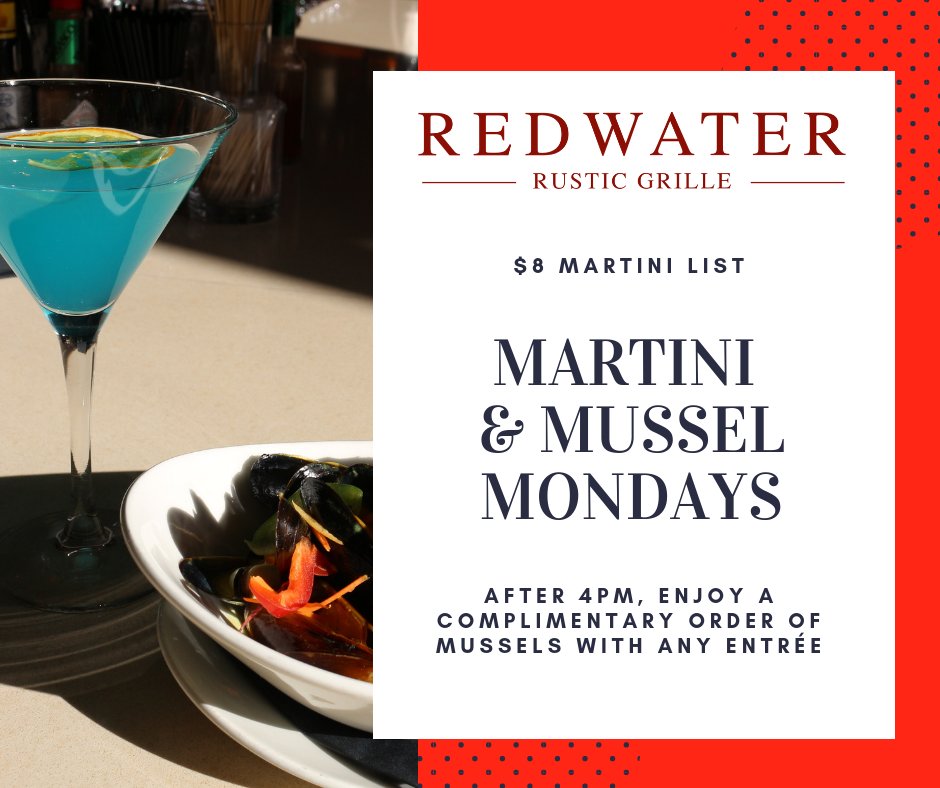 New at Redwater Rustic Grille, its Martini &amp; Mussel Mondays. Start your week off with our $8 Martini menu and complimentary mussels with any dinner entree. Mondays at Redwater Rustic Grille #charlottetown #PEI