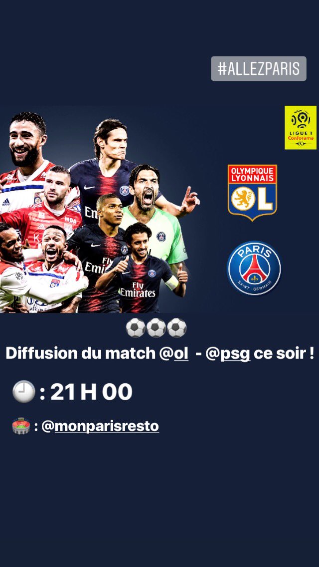 MonParisResto's tweet photo. Diffusion du match ce soir 
🕘21H00
🏟 @MonParisResto

 #AllezParis #OLPSG https://t.co/JV0BKksQbZ