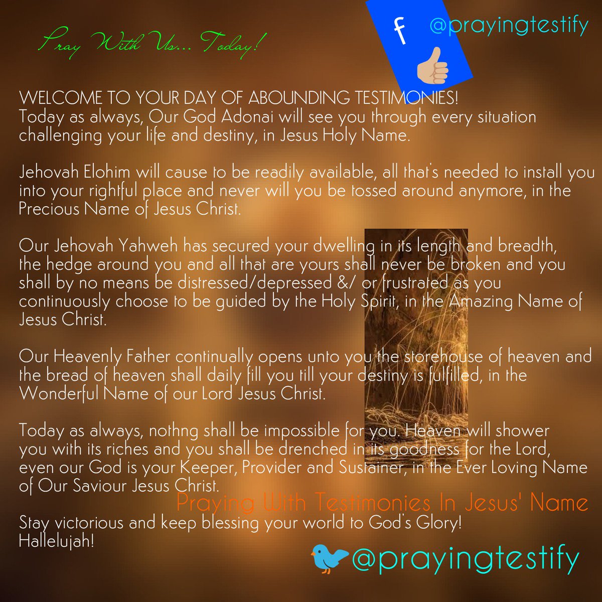 prayingtestify's tweet photo. WELCOME TO YOUR DAY OF #AboundingTestimonies!
Today as always, Our #God Adonai will see you through every situation challenging your life & destiny, in #Jesus Holy Name.
#Jehovah Elohim will cause to be readily available, all that's needed to install you into your rightful 1⃣ https://t.co/JBV8eA8yt0
