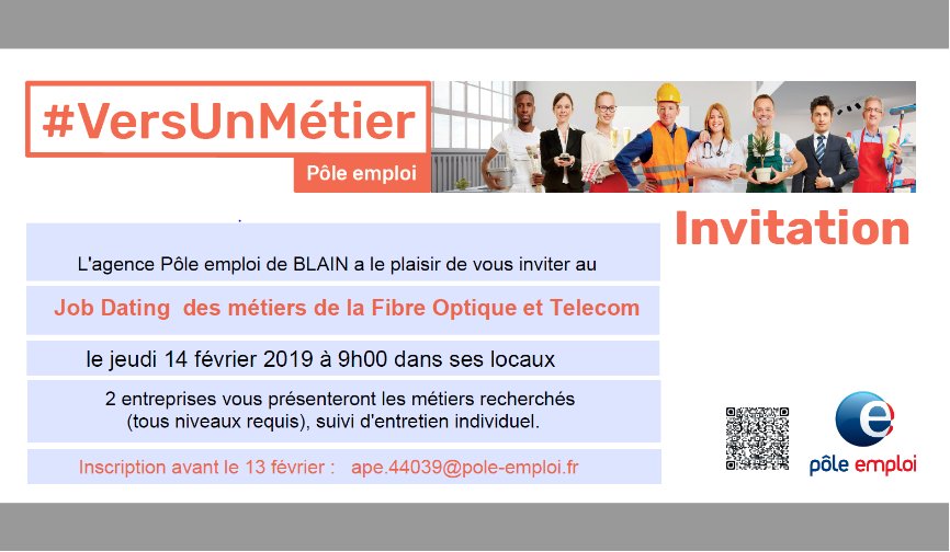 ⭐️#VersUnMétier  🔝L'équipe #entreprises Pôle emploi #Blain organise un #JobDating des métiers de la #Fibre #Optique et #Télécom » le jeudi 14 février 2019 à 9h00. #Offre N°082GYPB. Inscription👉 ape.44039@pole-emploi.fr #AvecPoleEmploi @poleemploi_PDL