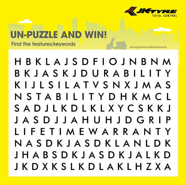 JKTyreCorporate's tweet photo. Contest alert!! It's the last day to participate in our #LongDistanceRelationship - Un-puzzle and Win contest. Post your answers in the comments below the respective puzzles and stand a chance to win exciting goodies from JK Tyre.

T&amp;C applied: https://t.co/qMuFkxK9j3 https://t.co/OLIPCn743a